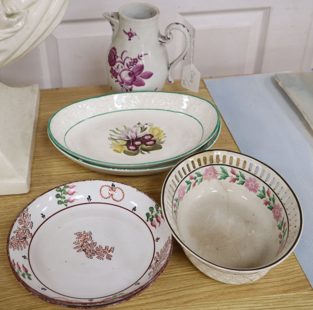 A 19th century German porcelain hot water jug, two Regency porcelain dishes a pair of Wilson pearlware dishes and a Wedgwood basket